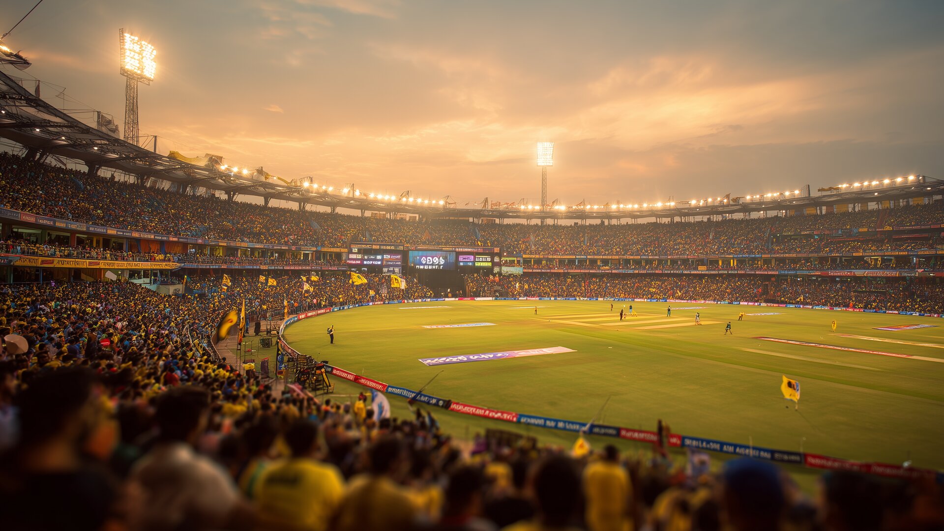 Modern cricket stadium with IPL atmosphere - dramatic lighting and packed crowds