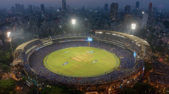 Aerial view of Wankhede Stadium Mumbai during IPL match - packed crowd and floodlights